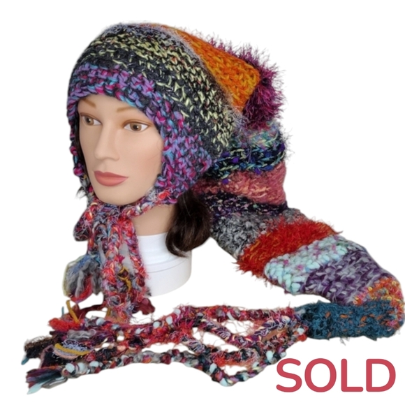 purple plum Accessories - Bohemian long cone shape warm knit colorful Slouchy women's hat